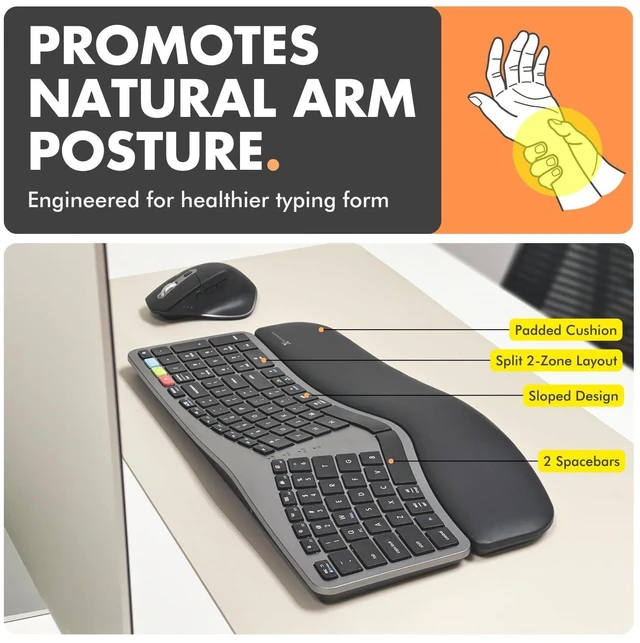 Alt view image 7 of 10 - X9 Ergonomic Keyboard and Mouse Wireless Combo 2.4G+Bluetooth - Type Comfortably Longer - Ergo Split Keyboard and Mouse with Wrist Rest - Fullsize Keyboard for Laptop and PC