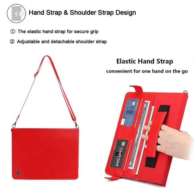 Alt view image 9 of 10 - UUcovers Crossbody Handbag Case for iPad Pro 11 inch M4 2024 (Model: A2836 A2837 A3006) with Pencil Holder/Shoulder Strap/Hand Strap/Card Pockets, Stand PU Leather Carrying Magnetic Wallet Cover, Red