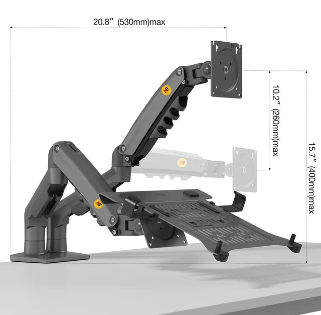 Alt view image 9 of 10 - NB ERGONOMIC Laptop Mount with Adjustable Tray for 10-17Notebook, Full Motion Arm with VESA Plate for 17-30Monitor,Clamp-on Grommet Mounting F160-FP