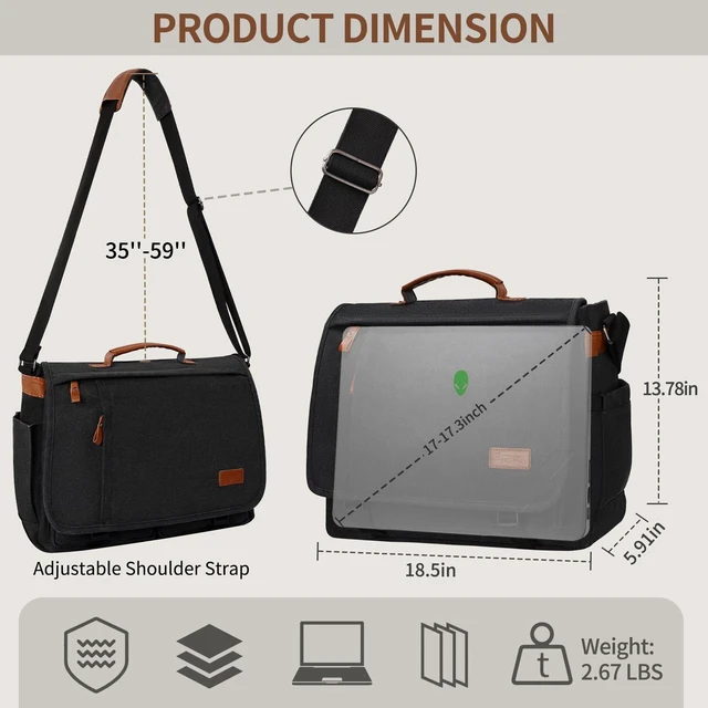 Alt view image 9 of 10 - ESTARER Messenger Bag 17.3 Inch, Mens Computer Bag for Teacher/College/Work/Travel, Water-resistant Canvas Laptop Bag Satchel Briefcase, Dark Grey
