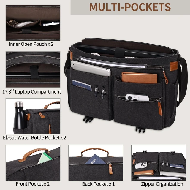 Alt view image 8 of 10 - ESTARER Messenger Bag 17.3 Inch, Mens Computer Bag for Teacher/College/Work/Travel, Water-resistant Canvas Laptop Bag Satchel Briefcase, Dark Grey