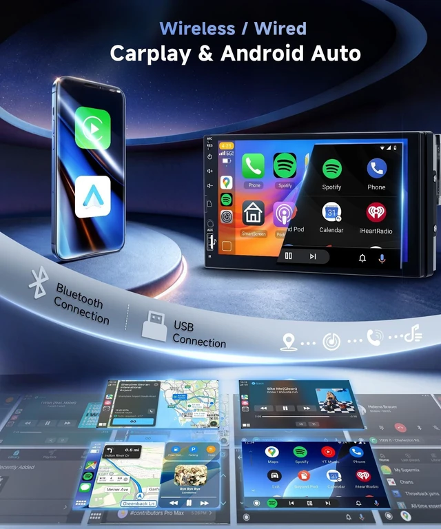 Alt view image 7 of 10 - Single Din Car Stereo with Wireless Carplay Android Auto, 7 Inch Touch Screen Car Stereo 1 Din with Backup Camera Car Radio Support Mirror Link Bluetooth 5.0 FM USB EQ Steering Wheel Control