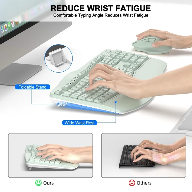 Alt view image 8 of 10 - Wireless Keyboard and Mouse Combo, 2.4G Full Size Wave Keys Ergonomic Keyboard with Wrist Rest and 3-Level DPI Adjustable Wireless Ergonomic Mouse for Windows, Mac OS Desktop/Laptop/PC(A