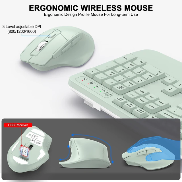 Alt view image 9 of 10 - Wireless Keyboard and Mouse Combo, 2.4G Full Size Wave Keys Ergonomic Keyboard with Wrist Rest and 3-Level DPI Adjustable Wireless Ergonomic Mouse for Windows, Mac OS Desktop/Laptop/PC(A