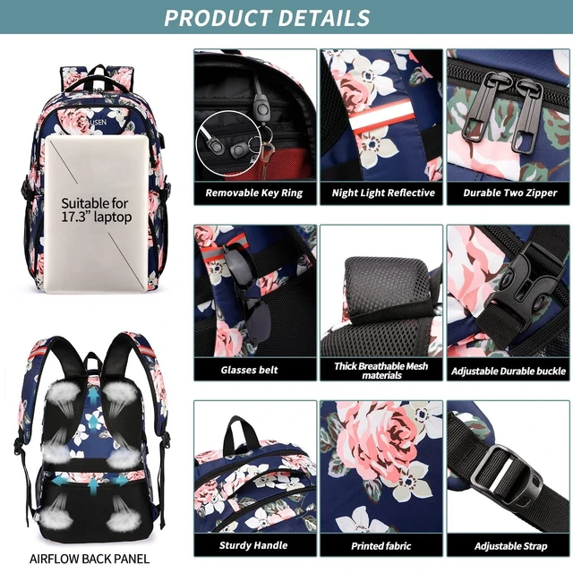Alt view image 10 of 10 - HILUSEN Lunch Cooler Backpack for Women, Extra Large 17 inch Travel Laptop Backpack with USB Charging Port, Water Resistant