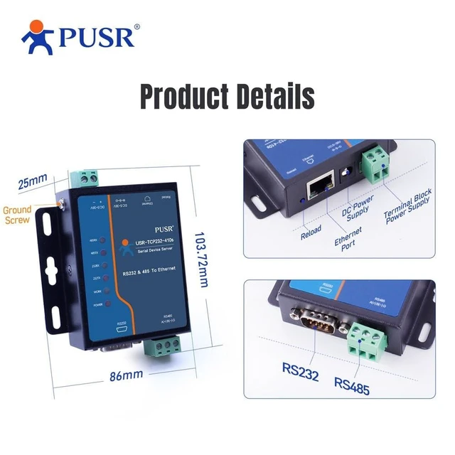 Alt view image 8 of 10 - PUSR Edge Computing RS485 RS232 to Ethernet Modbus Gateway Modbus to ethernet Support MQTT SSL/TLS encryption in HTTP Modbus RTU to TCP USR-TCP232-410S-New