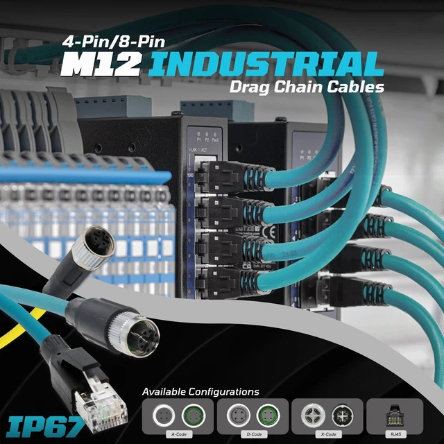 Alt view image 10 of 10 - DRRI Hight Speed Ethernet M12 8 Position X-Coded to RJ45 Patch Cable for Industrial Ethernet Connectivity (30CM)