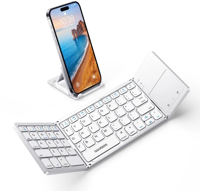 Alt view image 6 of 10 - Samsers Foldable Bluetooth Keyboard with Touchpad - Portable Wireless Keyboard with Holder, Rechargeable Full Size Ultra Slim Pocket Folding Keyboards for Android Windows iOS Tablet & Laptop - Silver