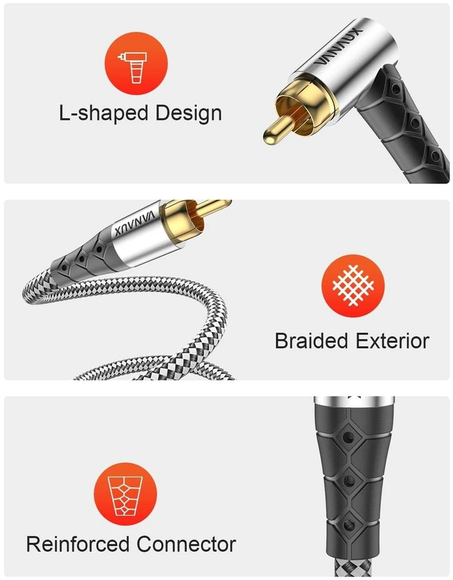 Alt view image 8 of 10 - VANAUX 90-Degree Subwoofer Cable,Premium Audio RCA to RCA Cable,(Gold-Plated Connectors, Aluminum Alloy Shell) Ideal for Tight Spaces,Home Theater,Sound Systems (90 Degree to Straight, 33Ft/10M)