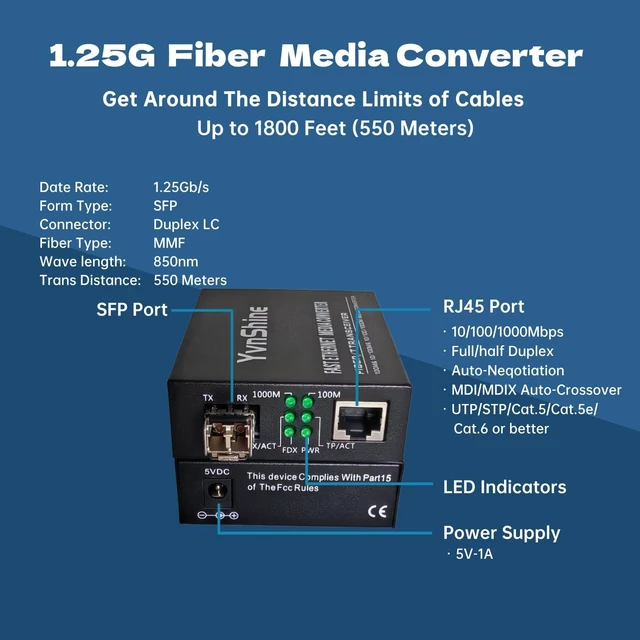 Alt view image 7 of 10 - YvnShine Gigabit Fiber to Ethernet Media Converter 2-Pack, SFP to RJ45 10/100/1000Mbps Auto-Negotiation with Multi-Mode LC Modules, 550m Range for Data Centers