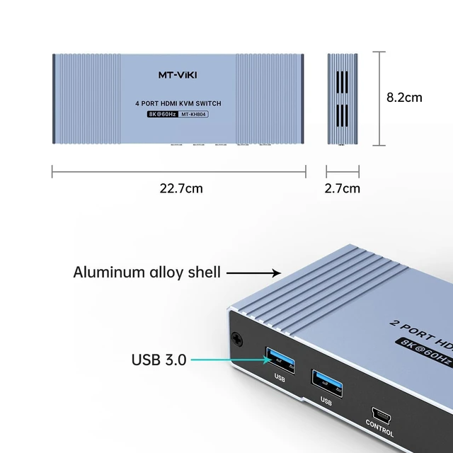 Alt view image 8 of 10 - MT-VIKI 4K@120Hz/144Hz USB 3.0 HDMI KVM Switch 4 Port 8K@60Hz, Aluminum KVM Switch HDMI 2.1, HDR for Games (4 USB 3.0 Cable Included)