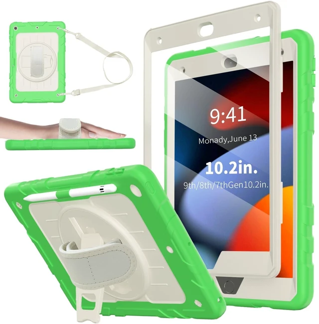 Alt view image 6 of 10 - Stweap Case for iPad 9th/8th/7th Generation-Built-in Screen Protector,with Pencil Holder&360Rotating Hand Strap,Shoulder Strap,Case for iPad 10.2 inch 2021-2019(Green/Beige)