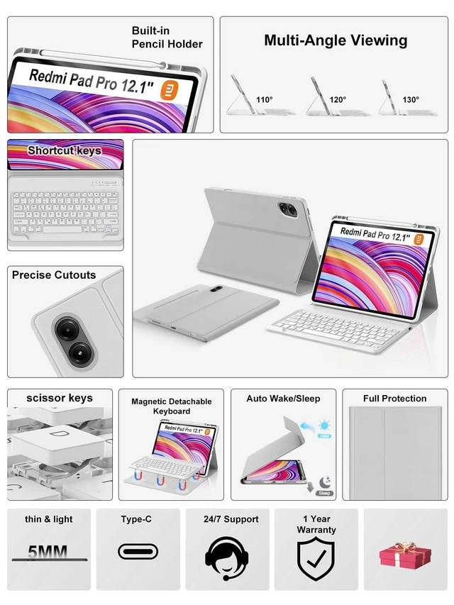 Alt view image 7 of 10 - Keyboard Case for Redmi Pad Pro / Xiaomi Poco Pad 12.1 inch, Magnetic Detachable Wireless Keypad, Protective Folio Cover with Pen Holder for Xiaomi Tablet Redmi Pro 12.1" 2024 Release, Auto Sleep/Wake