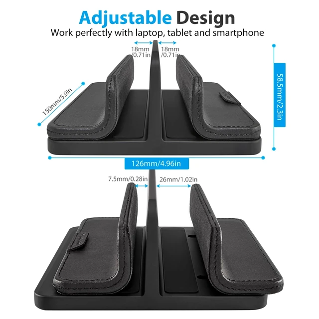 Alt view image 8 of 10 - Dual Vertical Laptop Stand, 3 in 1 Upright Desktop Stand Holder with Adjustable Dock (Up to 17.3''), Leather Laptop Rack Storage Desk Organizer for Phone, Tablet, MacBook/HP/Dell/Chrome Book (Black)