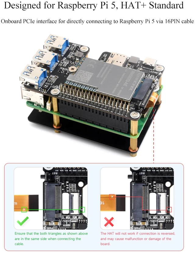 Alt view image 8 of 10 - PCIe to M.2 4G/5G and USB 3.2 HAT+ for Raspberry Pi 5, PCIe to USB3.2/M.2 Adapter Board Compatible with Pi5 and 4G/5G Modules with M.2 Key B Interface, with 3X USB 3.2 Gen1 Ports, 5G-4IN1-PCB Antenna