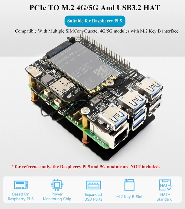 Alt view image 7 of 10 - PCIe to M.2 4G/5G and USB 3.2 HAT+ for Raspberry Pi 5, PCIe to USB3.2/M.2 Adapter Board Compatible with Pi5 and 4G/5G Modules with M.2 Key B Interface, with 3X USB 3.2 Gen1 Ports, 5G-4IN1-PCB Antenna