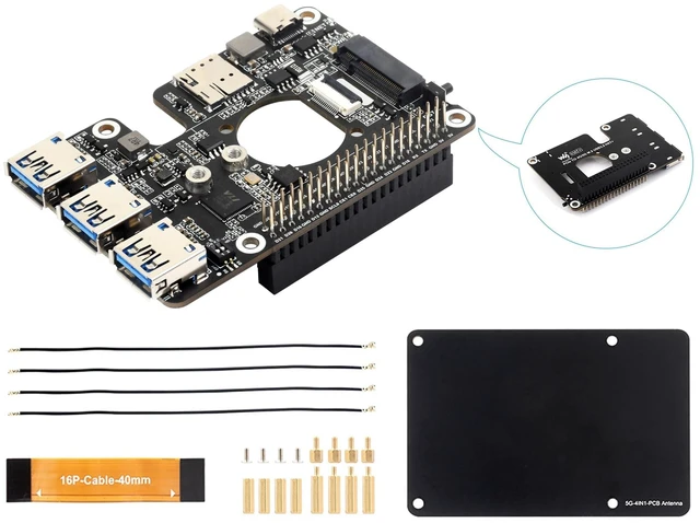 Alt view image 6 of 10 - PCIe to M.2 4G/5G and USB 3.2 HAT+ for Raspberry Pi 5, PCIe to USB3.2/M.2 Adapter Board Compatible with Pi5 and 4G/5G Modules with M.2 Key B Interface, with 3X USB 3.2 Gen1 Ports, 5G-4IN1-PCB Antenna