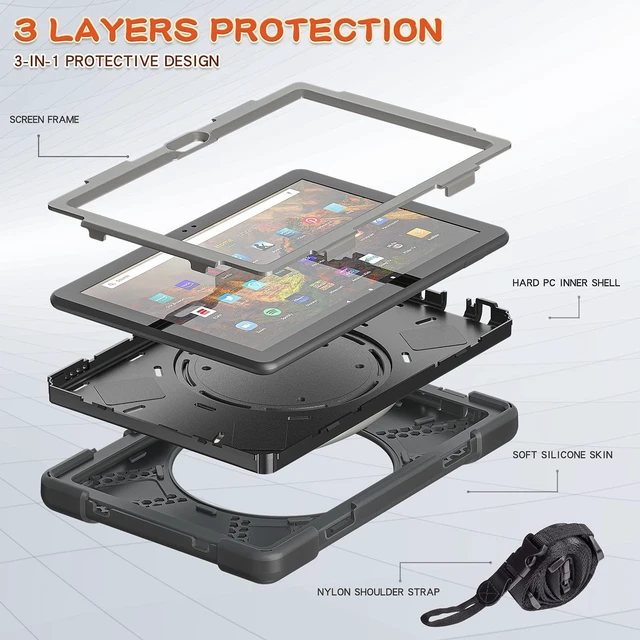 Alt view image 7 of 10 - 360 Rotation Portable Case for Fire HD 10 2023 10.1 inch Tablet, Rugged Case Rotating Stand Hand Strap Shoulder Carrying Strap Outdoor Cover,Black