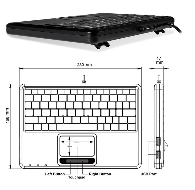 Alt view image 9 of 10 - Perixx PERIBOARD-510H Plus, Wired Super Mini USB Touchpad Keyboard, X Type Scissor Keys with 2 Built-in Hubs, Black, US English Layout (11005)