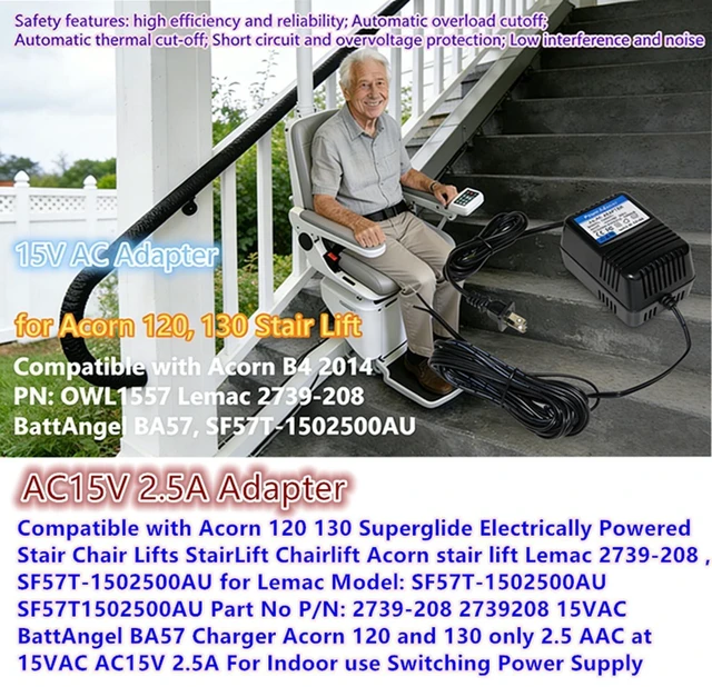 Alt view image 7 of 10 - Fesasn 15V AC Adapter for Acorn 120, 130 Stair Lift, Compatible with Acorn B4 2014 PN: OWL1557 Lemac 2739-208 BattAngel BA57, SF57T-1502500AU Charger Transformer Power Supply