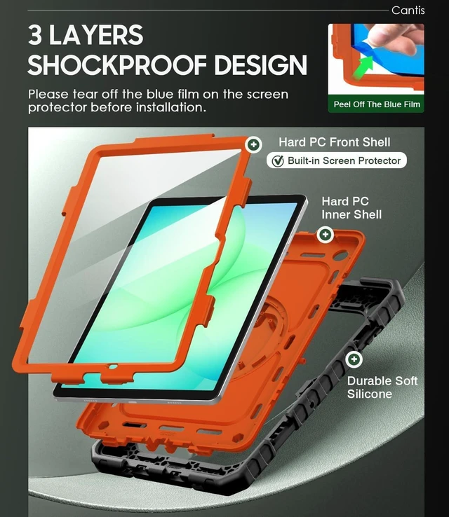 Alt view image 8 of 10 - Cantis Case for Samsung Galaxy Tab A11 Plus 11 Inch 2026 (SM-X230/X236/X238), Shockproof Case for Tab A11+ with Screen Protector/Rotating Stand/Pen Holder/Shoulder Strap (Black+Orange)
