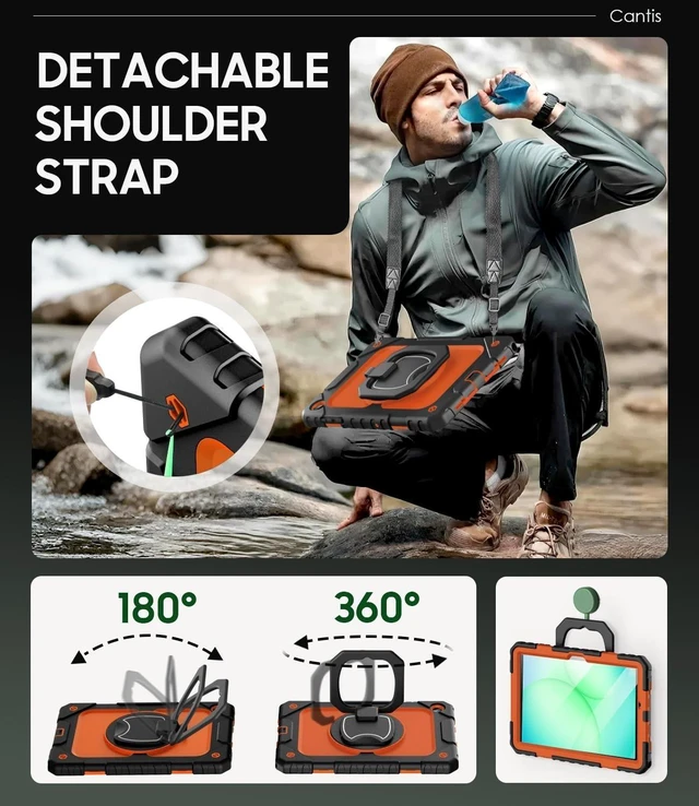 Alt view image 10 of 10 - Cantis Case for Samsung Galaxy Tab A11 Plus 11 Inch 2026 (SM-X230/X236/X238), Shockproof Case for Tab A11+ with Screen Protector/Rotating Stand/Pen Holder/Shoulder Strap (Black+Orange)
