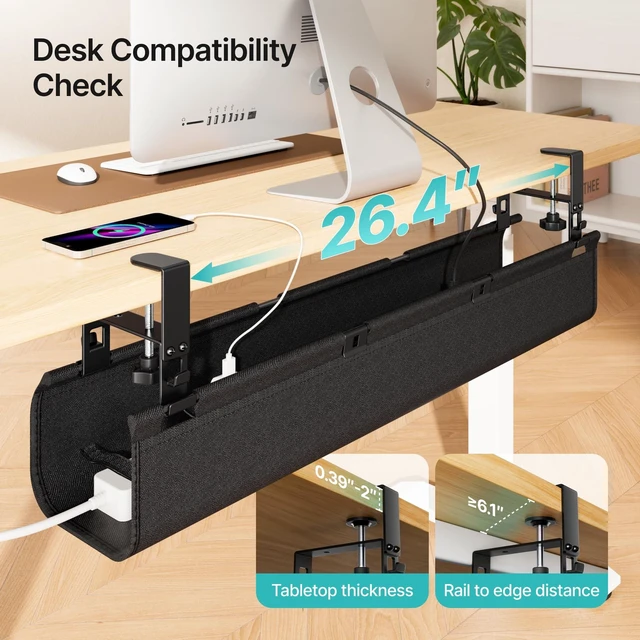 Alt view image 8 of 10 - PEGZONE No Drill Under Desk Cable Management Tray, 31.5" Cord Management Under Desk for Table, Clamp Mount Desk Cable Management, Premium Fabric Wire Management Tray for Office, Home
