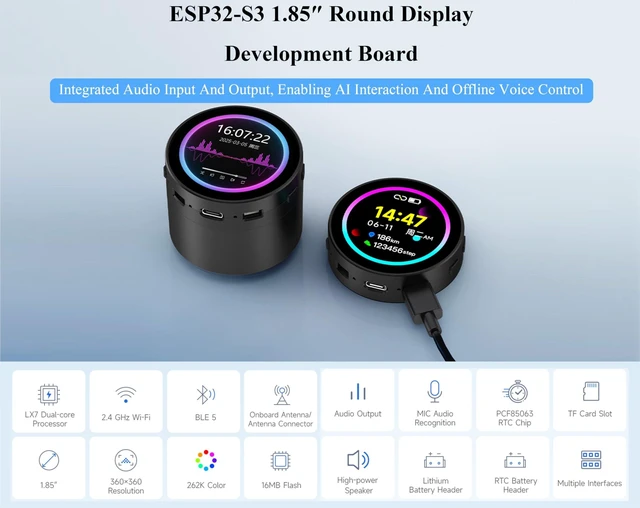 Alt view image 8 of 10 - ESP32-S3 1.85inch Round Touch LCD Development Board, 360x360, Supports Wi-Fi & BLE 5, AI Speech, Smart Speaker Box, Support AI Interaction and Offline Voice Control, with 8 2W Speaker