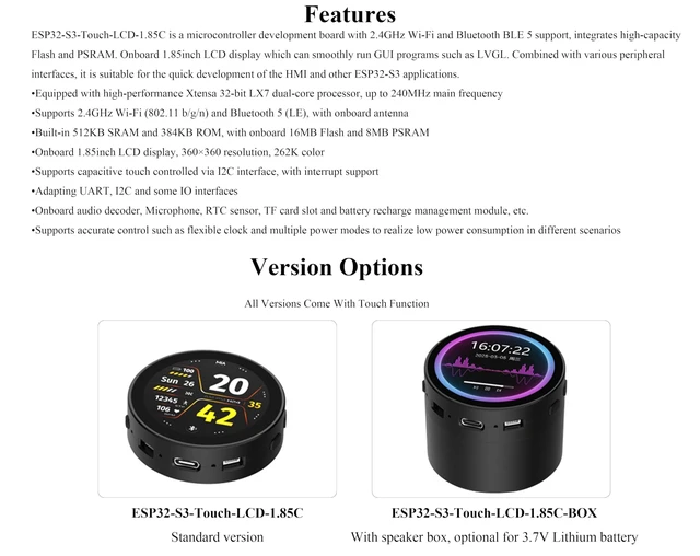 Alt view image 9 of 10 - ESP32-S3 1.85inch Round Touch LCD Development Board, 360x360, Supports Wi-Fi & BLE 5, AI Speech, Smart Speaker Box, Support AI Interaction and Offline Voice Control, with 8 2W Speaker