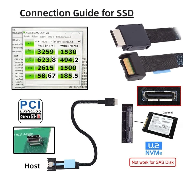 Alt view image 8 of 10 - NGFF PCI-E 5.0 Mini Cool Edge IO MCIO PCI-E 4i 38Pin Male to SFF-8611 Oculink 4X Extender Cable for eGPU SSD External Graphics Card 50cm