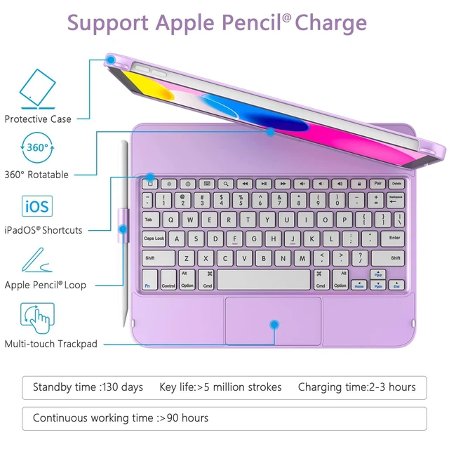 Alt view image 9 of 10 - TaIYanG for iPad A16 11th 10th Generation Case with Keyboard 10.9" 2022 & 11 inch 2025, Touch Trackpad Keyboard Case for 10th Generation-360 Rotate,Pencil Holder, Keyboard for iPad 10th Gen, Purple