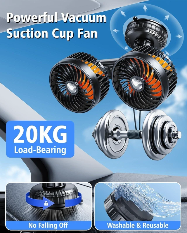 Alt view image 7 of 10 - DICMKY Dual Head Suction Cup Car Cooling Fan for Window Dashboard, 4000Mah Battery Powered Rechargeable USB Car Fans That Blow Cold Air, Cooler for Semi Truck Rv Van Tractor Cab Vehicles without Ac