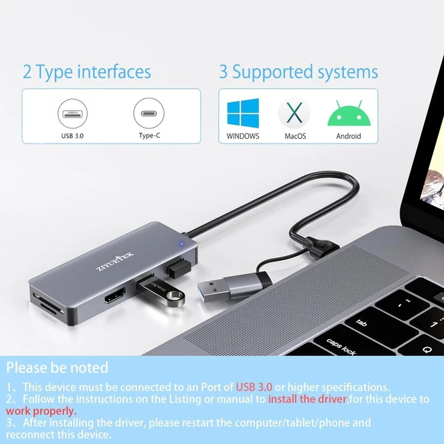 Alt view image 9 of 10 - USB 3.0 to hdmi Adapter&USB c to hdmi Adapter 2 in 1,ZIYUETEK 5-in-1 USB C and USB3.0 Docking Station, Suitable for MacBook Pro/Air/M1/M2/Mac, Windows7/8/10/11, Android 7 and Above