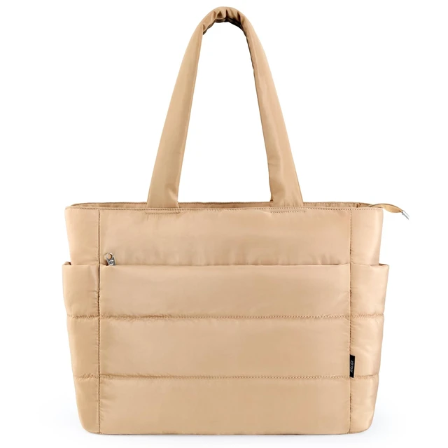 Alt view image 6 of 10 - KALIDI Quilted Tote Bag, Carryall Puffer Shoulder Bag Padded Travel Large Anti Splash Zipper Casual Work Gym Women, Light Khaki