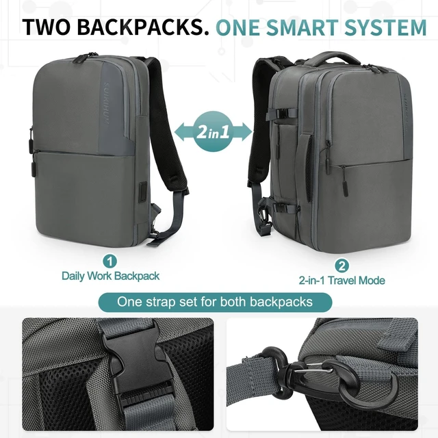 Alt view image 7 of 10 - SUIKIHUM 2-in-1 Travel Backpack for Men, Expandable 16" Laptop Backpack with Detachable Briefcase, Water-Resistant Carry-On Business Bag with USB-C, Gray