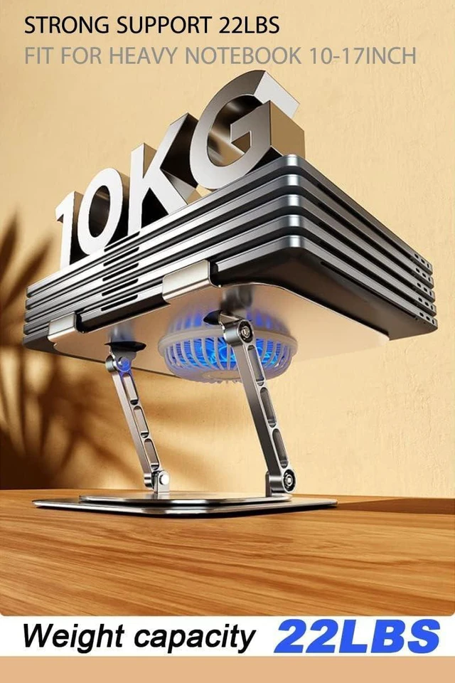 Alt view image 10 of 10 - KEROLFFU Laptop Stand Fan with 360 Rotating Swival Base, 10inch Riser Height Adjustable for Typing Keyboard, Aluminum Ergonomic Strong Holder 22LBS, for Heavy Notebook 10 12 14 15 17Inch (MacBook)