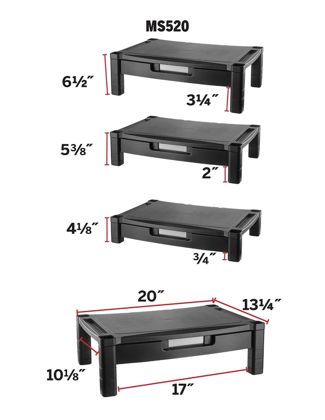 Alt view image 7 of 10 - Kantek Wide Deluxe Two-Level Monitor Stand With Drawer, 20" X 13.25" X 3" To 6.5", Black, Supports 50 Lbs