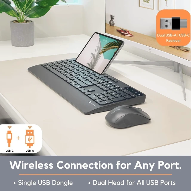 Alt view image 8 of 10 - X9 Wireless USB-C Keyboard and Mouse Combo - Dual Port Compatibility (USB C + A) - Versatile Mouse Keyboard Combo Wireless w/ 8" Phone Stand and 113 Keys