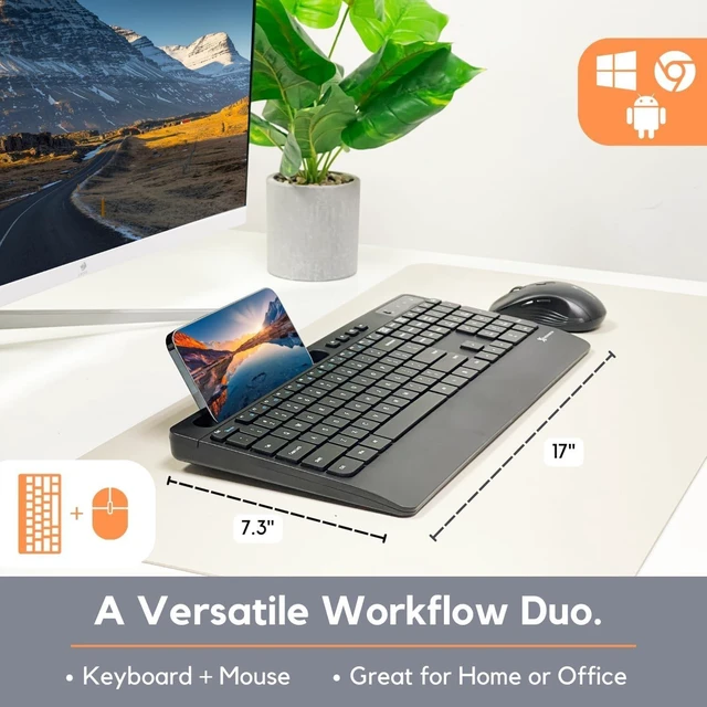 Alt view image 9 of 10 - X9 Wireless USB-C Keyboard and Mouse Combo - Dual Port Compatibility (USB C + A) - Versatile Mouse Keyboard Combo Wireless w/ 8" Phone Stand and 113 Keys