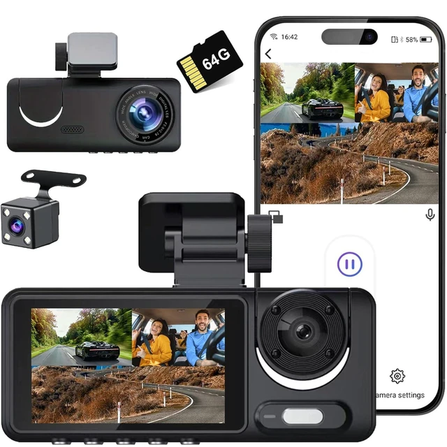 Alt view image 6 of 10 - QNY Dash Cam Front and Rear Inside, FHD 3 Channel Dash Camera for Cars, 360 All Sides Dashcam, Free 64G SD Card, G-Sensor, WDR, Night Vision, 24H Parking Monitor