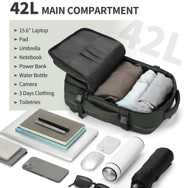 Alt view image 9 of 10 - SUIKIHUM Travel Backpack for Men, 18 Inch Carry on Laptop Backpack with USB A/C Port, 40L Expandable TSA Flight Approved Bag Pack, Black, Green
