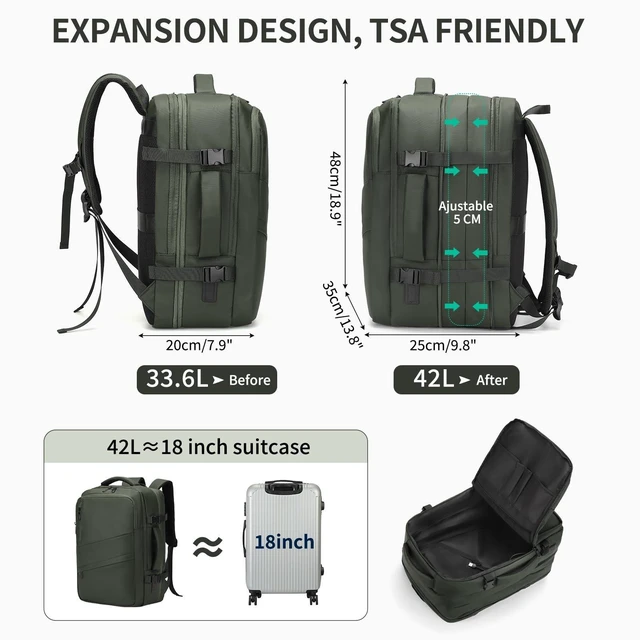 Alt view image 8 of 10 - SUIKIHUM Travel Backpack for Men, 18 Inch Carry on Laptop Backpack with USB A/C Port, 40L Expandable TSA Flight Approved Bag Pack, Black, Green