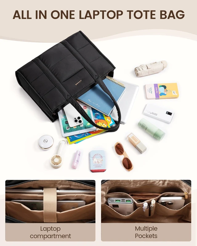 Alt view image 9 of 10 - LOVEVOOK Laptop Bag for Women, Puffer Tote Bag for Work 15.6 Inch Large Computer Briefcase for Teacher Nurse, Quilted Lightweight Casual Shoulder Bag For Travel, Daily