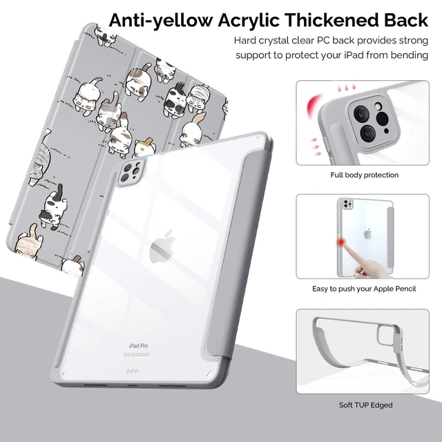 Alt view image 9 of 10 - Cute Kawaii Cat for iPad Air 13 Inch Case 2024 with Pencil Holder, Foldable Grey Leather Cover Case, Support Auto Sleep Wake