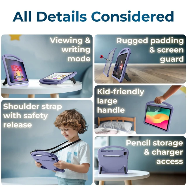 Alt view image 8 of 10 - Bam Bino Space Suit Rugged Kids Case for Apple iPad Pro 13 M4, iPad Air 13 M2/M3 (2024/2025) Case for Kids with Built-in Screen Protector, Handle, Stand, Pencil Holder, Shoulder Strap (Nebula Violet)