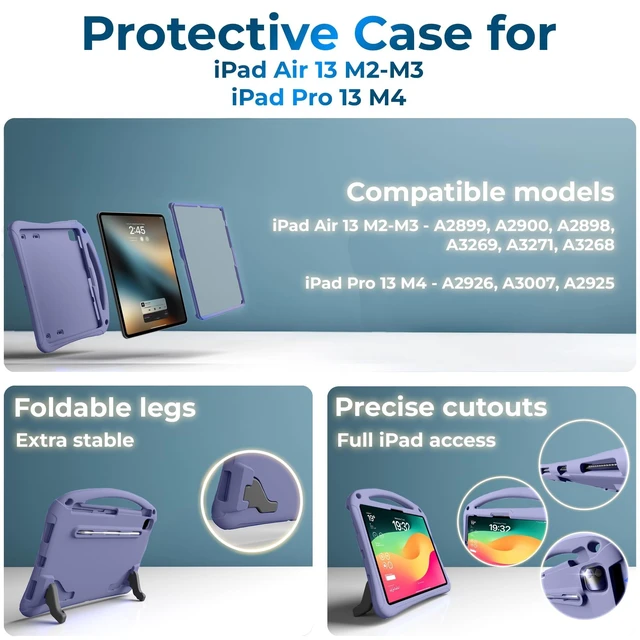 Alt view image 9 of 10 - Bam Bino Space Suit Rugged Kids Case for Apple iPad Pro 13 M4, iPad Air 13 M2/M3 (2024/2025) Case for Kids with Built-in Screen Protector, Handle, Stand, Pencil Holder, Shoulder Strap (Nebula Violet)