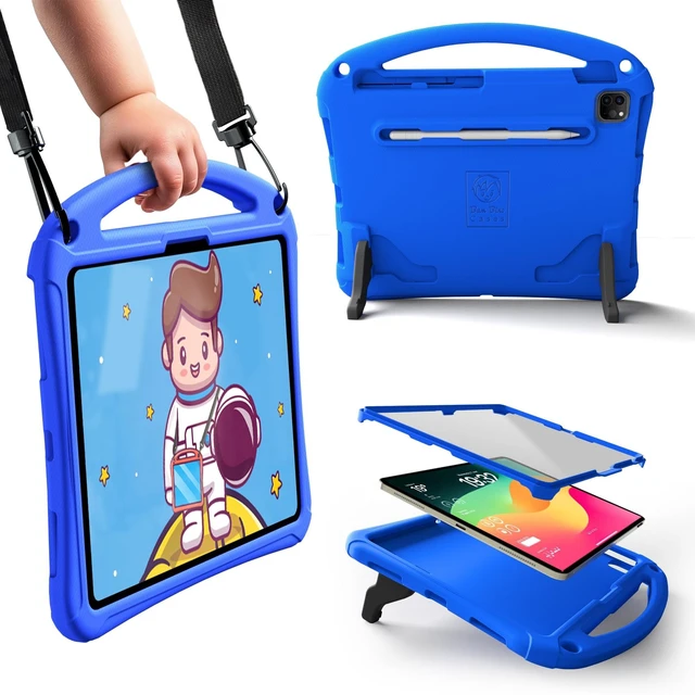 Alt view image 6 of 10 - Bam Bino Space Suit Rugged Kids Case for Apple iPad Pro 13 M4, iPad Air 13 M2/M3 (2024/2025) Case for Kids with Built-in Screen Protector, Handle, Stand, Pencil Holder, Shoulder Strap (Galactic Blue)