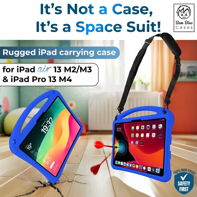 Alt view image 7 of 10 - Bam Bino Space Suit Rugged Kids Case for Apple iPad Pro 13 M4, iPad Air 13 M2/M3 (2024/2025) Case for Kids with Built-in Screen Protector, Handle, Stand, Pencil Holder, Shoulder Strap (Galactic Blue)