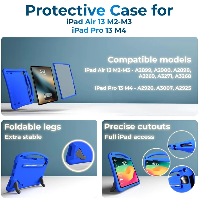 Alt view image 9 of 10 - Bam Bino Space Suit Rugged Kids Case for Apple iPad Pro 13 M4, iPad Air 13 M2/M3 (2024/2025) Case for Kids with Built-in Screen Protector, Handle, Stand, Pencil Holder, Shoulder Strap (Galactic Blue)