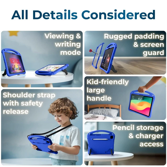Alt view image 8 of 10 - Bam Bino Space Suit Rugged Kids Case for Apple iPad Pro 13 M4, iPad Air 13 M2/M3 (2024/2025) Case for Kids with Built-in Screen Protector, Handle, Stand, Pencil Holder, Shoulder Strap (Galactic Blue)